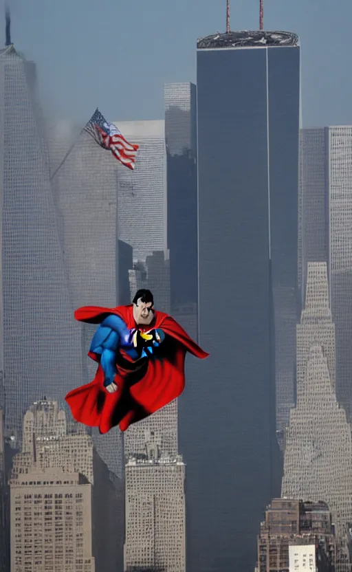 Prompt: superman flying into the twin towers on 9 / 1 1