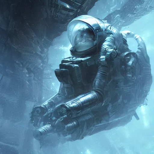 Image similar to concept art by craig mullins astronaut in futuristic dark and empty spaceship underwater. infrared complex and hyperdetailed technical suit. mandelbulb fractal. reflection and dispersion materials. rays and dispersion of light. volumetric light. 5 0 mm, f / 3 2. noise film photo. flash photography. unreal engine 4, octane render. interstellar movie art