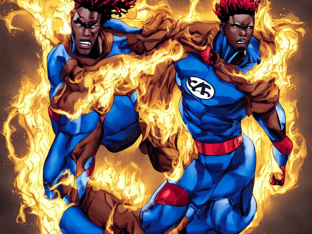 Image similar to a movie scene of a handsome African American Johnny Storm young male superhero of the fantastic four with flaming brown dreadlocks hair, blue uniform with the number 4 on the chest in a round logo, full body, photorealistic, cinematic, high detail, no imperfections, extremely symmetric facial features, hyper realistic, dramatic lighting, unreal engine, octane render, 8k by Kevin Feige