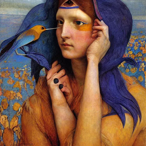 Image similar to the robot princess with her bird mask, by annie swynnerton and diego rivera and elihu vedder, symbolist, dramatic lighting, elaborate geometric ornament, head and shoulders, art brut, soft cool colors, smooth, sharp focus, extremely detailed, adolf wolfli and donato giancola