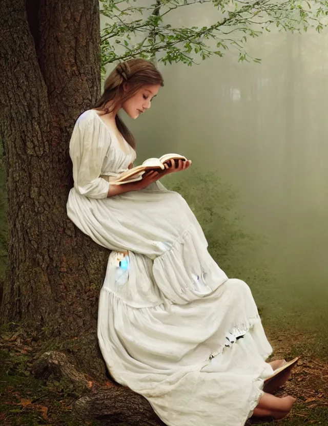 Image similar to beautiful peasant Girl in long white dress reading a book sitting on a tree in a foggy forest, Cinematic focus, Polaroid photo, vintage, neutral colors, soft lights, by Steve Hanks, by Serov Valentin, by lisa yuskavage, by Andrei Tarkovsky 8k render, detailed, oil on canvas