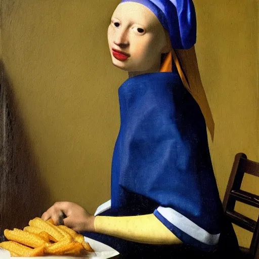 Prompt: oil portrait of a fast food female employee by Jan Vermeer