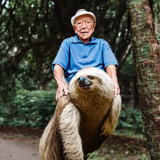 Image similar to portrait of an elderly man riding a sloth, canon eos r 3, f / 1. 4, iso 2 0 0, 1 / 1 6 0 s, 8 k, raw, unedited, symmetrical balance, wide angle