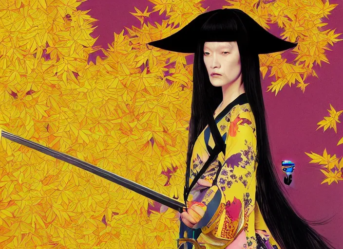 Image similar to breathtaking detailed pattern pastel colors, action scene from kill bill, with uma thurman ( kill bill ) in yellow kimono, with hatori hanzo katana sword and autumn leaves, by hsiao - ron cheng, bizarre compositions, exquisite detail, enhanced eye detail