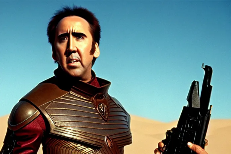 Prompt: Nicolas cage in dune high resolution still film