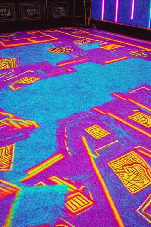 Prompt: “cinestill blacklight roller rink arcade carpet”