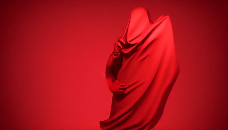 Image similar to enigmatic figure wrapped in red sheet in darkness, high contrast, hard light, digital art, rendering, cloth simulation, redshift