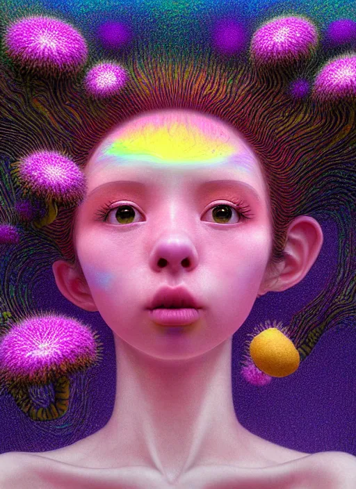 Image similar to hyper detailed 3d render like a Oil painting - kawaii portrait Aurora (black haired Fae) seen Eating of the Strangling network of yellowcake aerochrome and milky Fruit and Her delicate Hands hold of gossamer polyp blossoms bring iridescent fungal flowers whose spores black the foolish stars by Jacek Yerka, Mariusz Lewandowski, Houdini algorithmic generative render, Abstract brush strokes, Masterpiece, Edward Hopper and James Gilleard, Zdzislaw Beksinski, Mark Ryden, Wolfgang Lettl, hints of Yayoi Kasuma, octane render, 8k