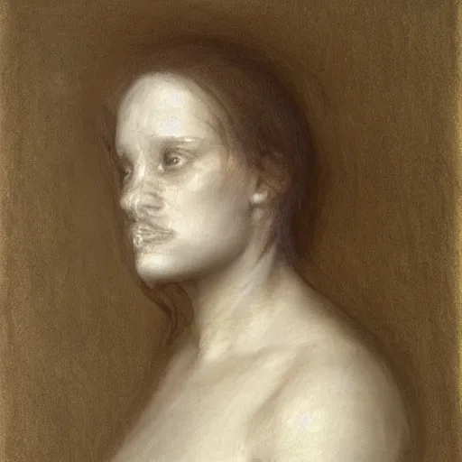 Image similar to white chalk study of a womans portarit by arnold bocklin. fine detail showing the forms of the face. studio lighting. sketch where you can see the artists lines