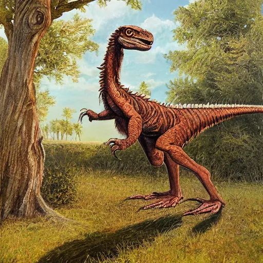 Image similar to An artwork of a velociraptor by a tree, paleo art