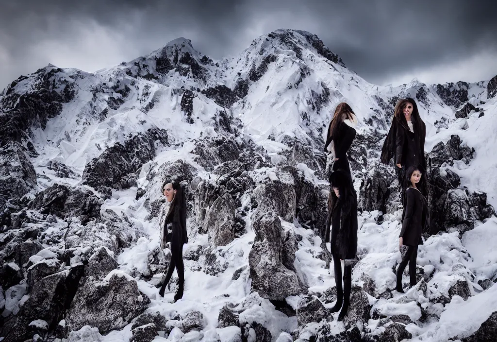 Image similar to fashion editorial in snow avalanche. gigantic snow storm mountain. wide angle shot. highly detailed. depth of field. high definition. 8k. photography.