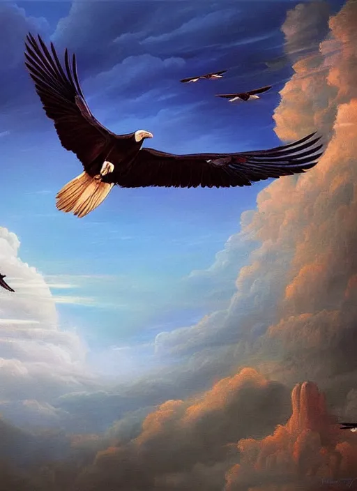 Image similar to a beautiful painting of a condor flying in the sky, matte painting, fantasy art