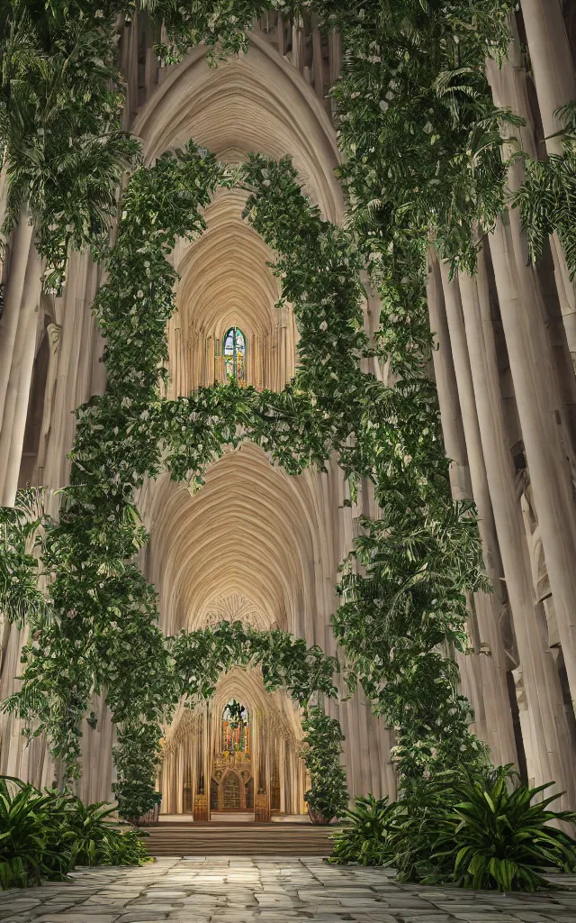 Image similar to beautiful grand cathedral interior with!! koi pond!! in the! middle! surrounded by palm trees, ivy,!! flowers!!, ( tropical plants ),!! roses!!, and with archways, rendered in octane render with photorealistic volumetric cinematic lighting, wide angle, horizontal symmetry, symmetrical! 8 k