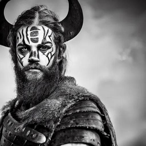 Image similar to viking in black body armour with black and white face painting, extremely detailed image from a film, full color