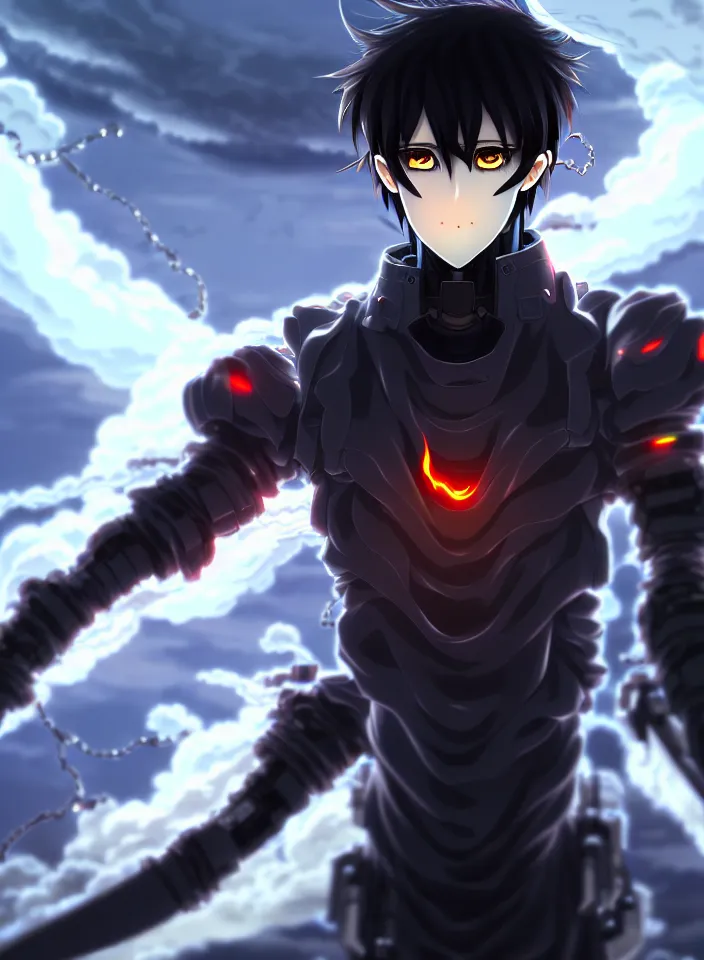 Image similar to a detailed manga illustration character full body portrait of a dark haired cyborg handsome anime man surrounded by clouds of dark smoke and fire, trending on artstation, digital art, 4 k resolution, detailed, high quality, sharp focus, hq artwork, insane detail, concept art, character concept, character illustration, full body illustration, perfect anatomy, cinematic, volumetric lighting