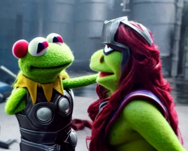 Prompt: a still from the movie Thor: Love and thunder with Kermit the muppet frog playing Thor