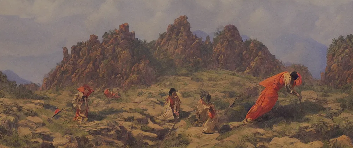 Prompt: a titan moving a grand stone on the hill, oil painting, by xue jiye