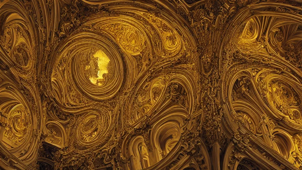 Image similar to endless baroque architecture, by Escher and Jean Delville, fractal, golden lighting, ornate