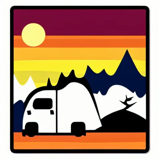 Prompt: minimal vector art sticker of a white and black cute thor chateau! motorhome camper!!, mountains, colorful sunset!!, dramatic, warm happy colors, thick lines, very minimal vector art, sticker!! by tom whalen