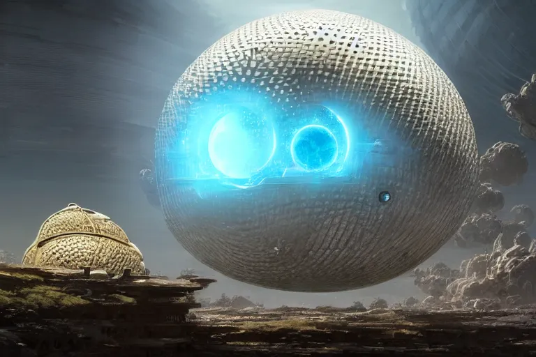 Image similar to A very highly detailed dyson sphere next to a very tiny and very highly detailed smooth Earth concept art by Greg Rutkowski, neofuturistic highly detailed, digital concept art, Dimensional cyan gold natural light, sharp focus, realistic concept art by Stephen Hickman and James Gurney and Hiromasa Ogura rendered in Octane Render, From the distance