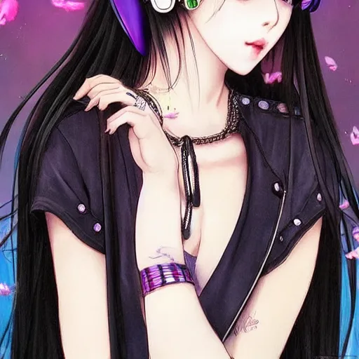 Image similar to realistic beautiful gorgeous natural cute Blackpink Lalisa Manoban black hair fur black cat ears, wearing white camisole summer outfit, headphones, black leather choker, tonemapping artwork drawn full HD 4K highest quality in artstyle by professional artists WLOP, Ayami Kojima, Aztodio, Alphonse Mucha, Taejune Kim, Guweiz on Pixiv Instagram Artstation