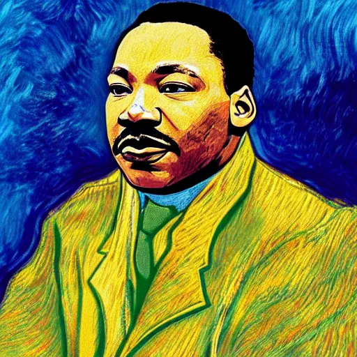 Image similar to an artistic portrait of martin luther king, smiling, high quality, studio photography, colorful, hero, heroic, beautiful, in the style of vincent van gogh