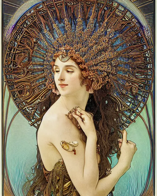 Image similar to portrait of a beatiful young goddess with intricate jellyfish headdress, dark background, intricate hyper detailed art by ernst haeckel and alphonse mucha,