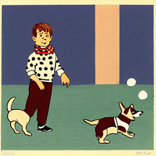 Image similar to book illustration of a french boy on the streets of paris playing football against a corgi, the dog is wearing a polka dot scarf, 1 9 6 6