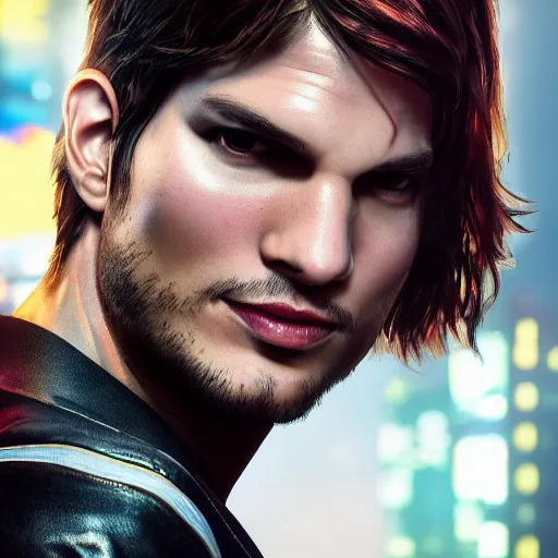 Image similar to ashton kutcher portrait, cyberpunk 2 0 7 7, cyberpunk, photorealistic, ultra detailed, neon, octane, bokeh, cinematic lighting, cyber, cyberpunk city, studio quality, feature, scars, cyberface, 8 k