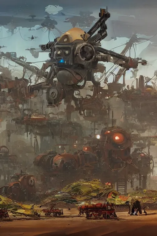 Image similar to dieselpunk concept art of a mechanised farm with drones and mechas working on it, grimy, gritty, dieselpunk trending on artstation, award winning painting, cgi, art by john berkey and anton fadeev and john howe and simon stalenhag