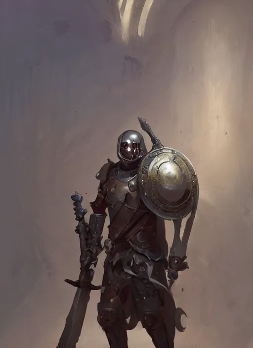 Prompt: portrait of a warforged character holding a paladin engraved longsword and carrying a big shield, concept art, by Greg Rutkowski