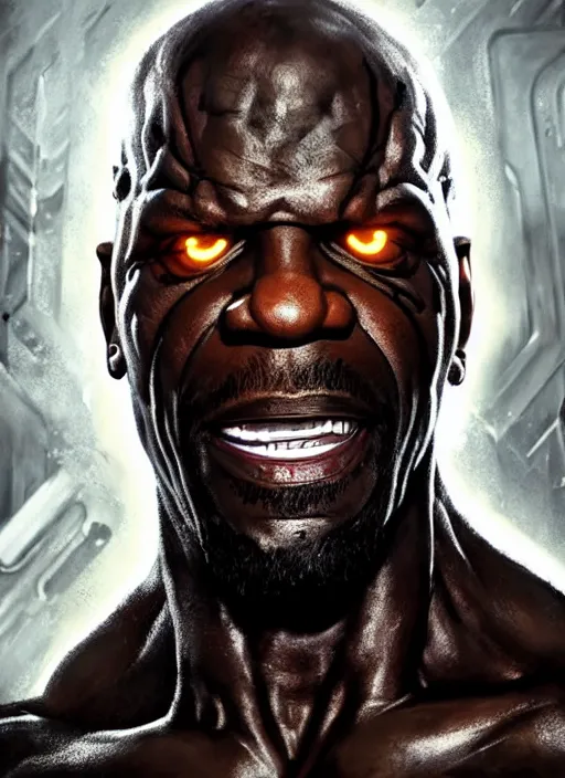 Image similar to terry crews as victor stone, full body concept, cyborg, borg, strogg, face of a man, terminator, flesh, quake strogg, doom demon, wolfenstein, monstrous, powerful, symmetry, symmetrical, concept art by ruan jia and greg rutkowski