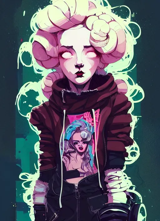 Image similar to highly detailed portrait of a sewer punk lady, tartan hoody, blonde ringlet hair by atey ghailan, by greg rutkowski, by greg tocchini, by james gilleard, by joe fenton, by kaethe butcher, gradient magenta, black, blonde cream and white color scheme, grunge aesthetic!!! ( ( graffiti tag wall background ) )