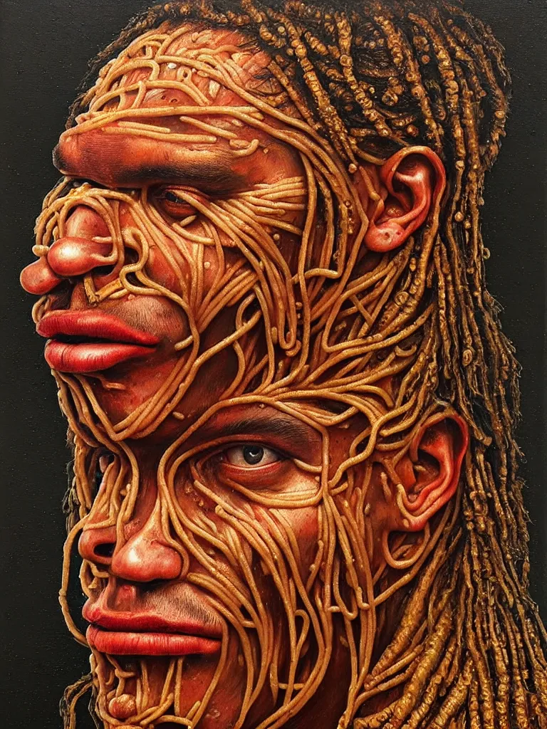 Image similar to virgil van dijk made of spaghetti, by giuseppe arcimboldo and ambrosius benson, renaissance, intricate and intense oil paint, a touch of beksinski and hr giger and edward munch, realistic