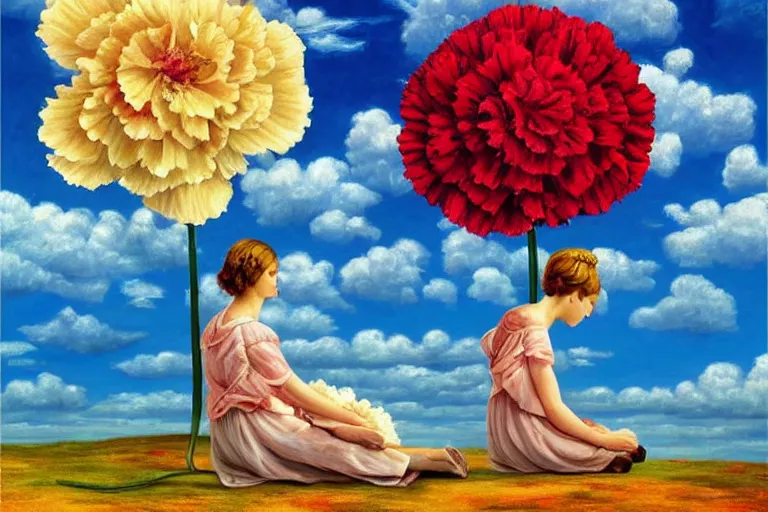 Image similar to giant carnation flower head, woman sitting, surreal, clouds in sky, impressionist painting, digital painting, artstation, rob gonsalves