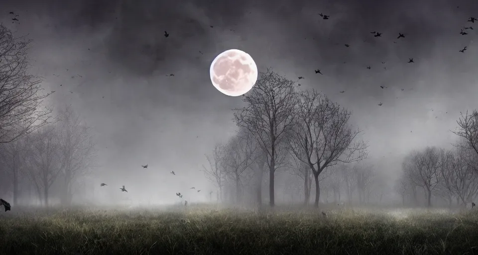 Image similar to fantasy landscape of a forest full of crows and the big moon in the background, dark color-theme, cinematic, science-fiction art wallpaper, stunning digital art