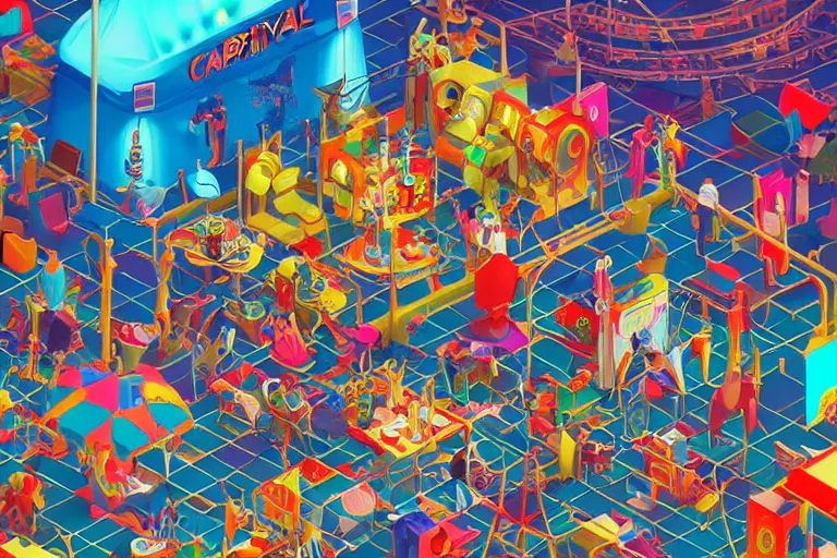 Prompt: carnival , isometric game art, white furniture, bright, artstation, highly detailed, cinematic lighting + masterpiece