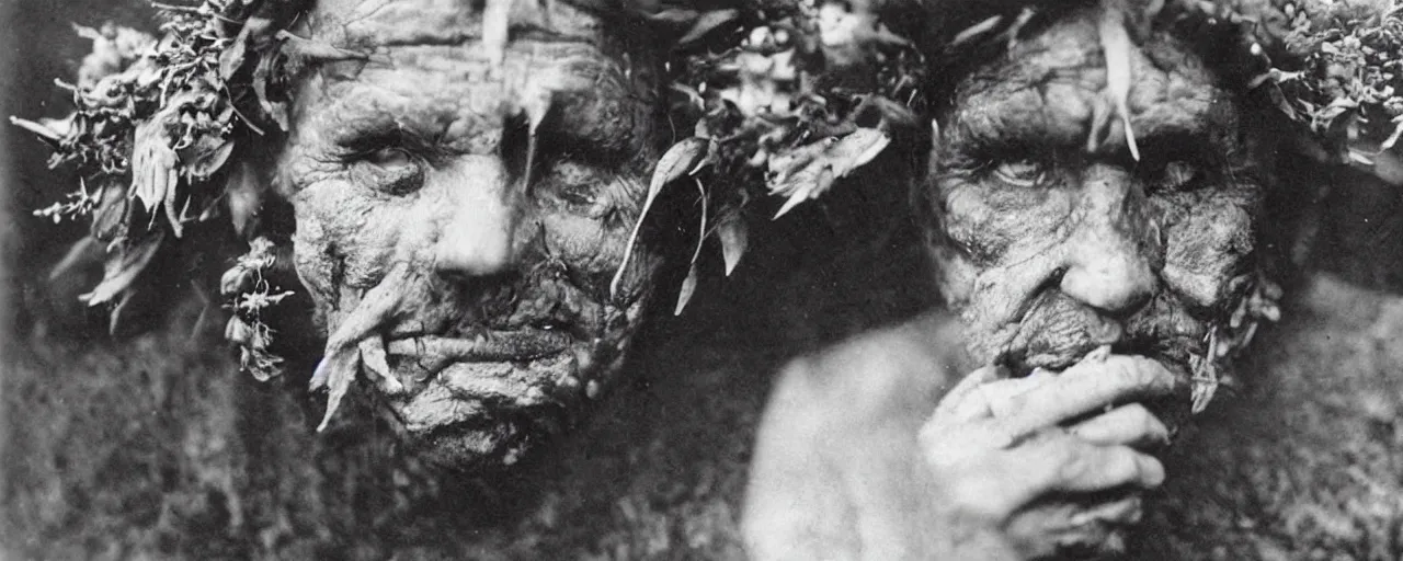 Prompt: 1920s portrait photography of an alpine old farmer transforming into a monster, edelweiss growing out of his face, devilish horns on his head