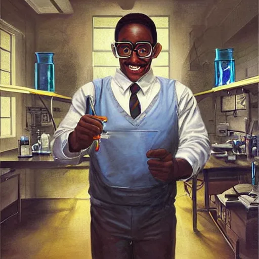 Prompt: steve urkel in the chemistry lab. beautiful painting by artgerm and greg rutkowski and raymond swanland.