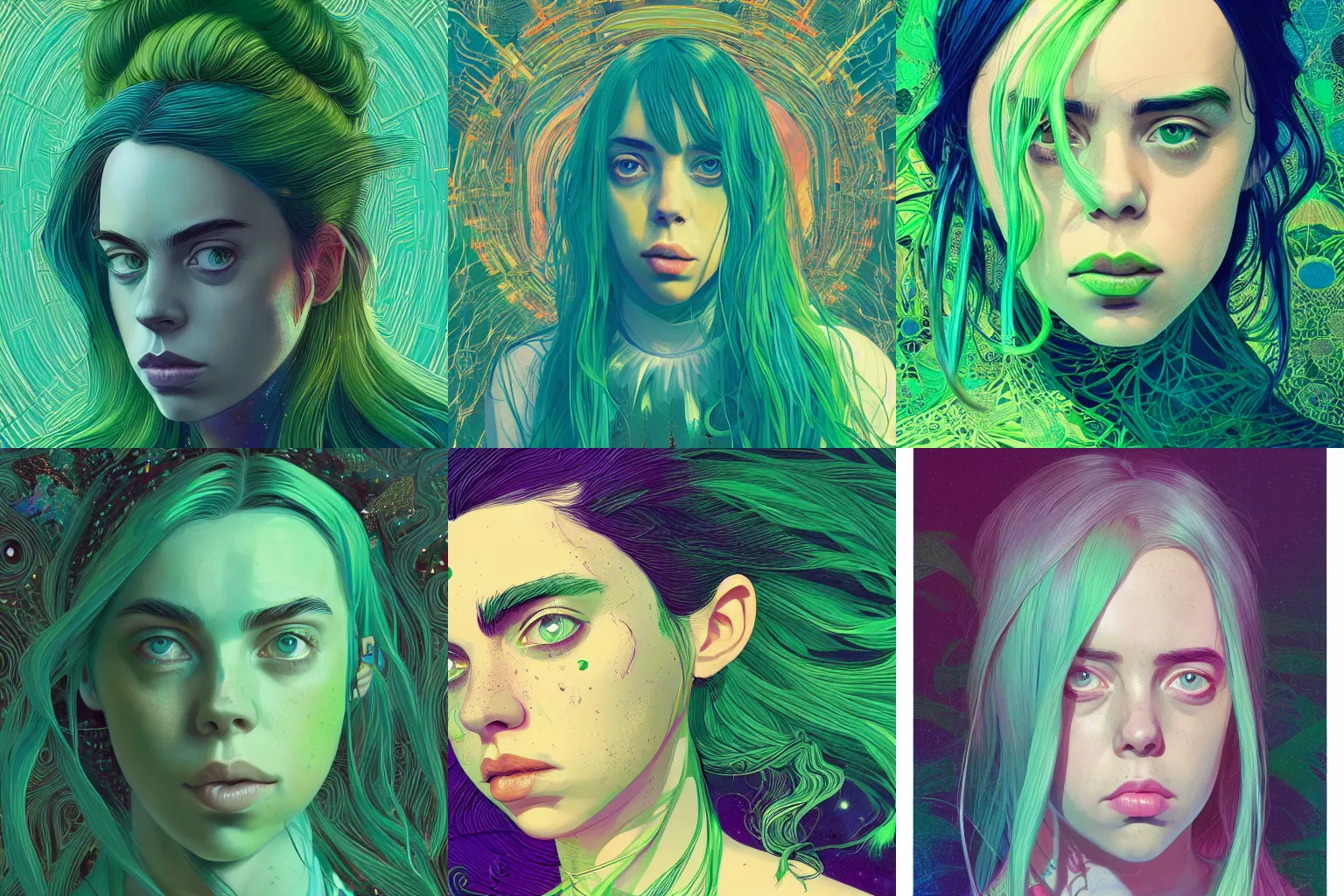 Prompt: portrait of billie eilish, green dress, green eyes, blue hair, artstation winner by victo ngai, kilian eng and by jake parker, by conrad roset, swirly vibrant color lines, winning award masterpiece, fantastically gaudy, aesthetic octane render, 8 k hd resolution