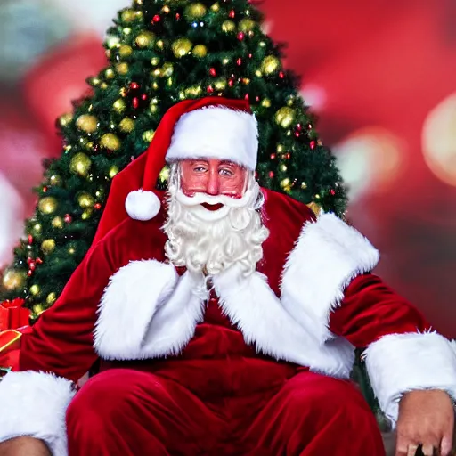 Image similar to Holiday Mall Santa Photo of child with the face of Hulk Hogan sitting on Hulk Hogan’s lap, 8k hyper realistic HDR