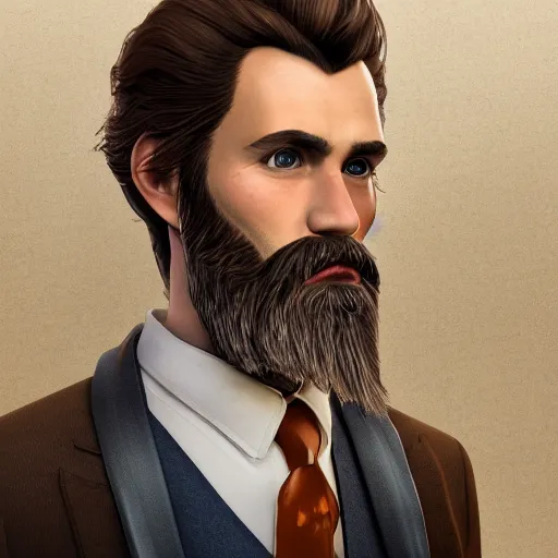 Prompt: a highly detailed portrait of a man, with a brown short beard and hair, blue eyes, wearing a tuxedo, artstation, deviantart, professional, unreal engine 5, photorealistic