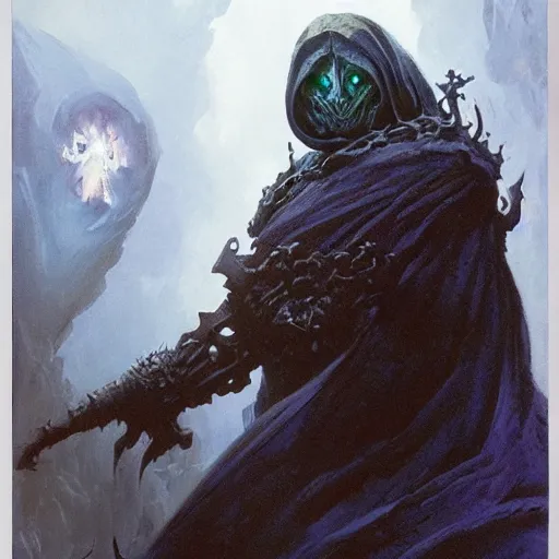 Image similar to head and shoulders portrait of a spectral wraith paladin, d & d, fantasy, greg rutkowski, frank frazetta, alexandre chaudret, boris vallejo, michael whelan, miro petrov, hr giger, magali villeneuve, donato giancola