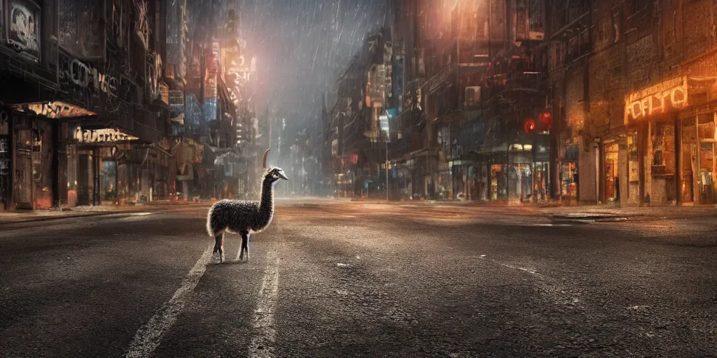 Image similar to a llama walking through a desolate city street at night, realistic 4 k octane beautifully detailed render, 4 k post - processing, highly detailed, intricate complexity, epic composition, magical atmosphere, cinematic lighting, masterpiece, ultra hd