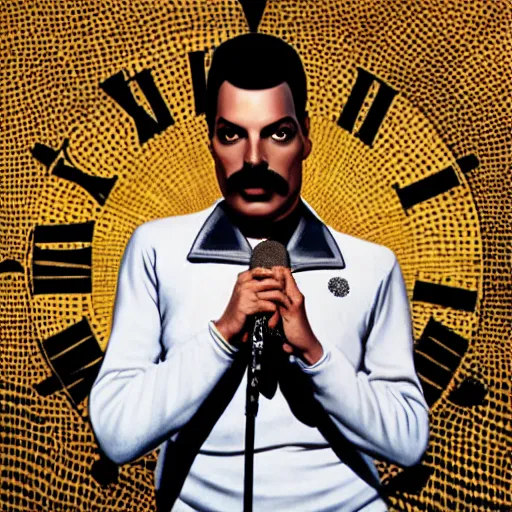 Freddie mercury is singing with a huge clock in the stable diffusion