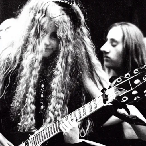 Prompt: 19-year-old woman holding electric guitar, long shaggy blonde hair, permed hair, stoner rock concert, proto-metal concert, live in concert, concert quality, concert footage, 1973, 8mm photography