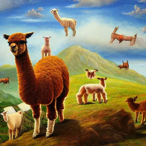 Prompt: alpaca stands on the top of mountain, cows falling from the sky. high detailed painting.