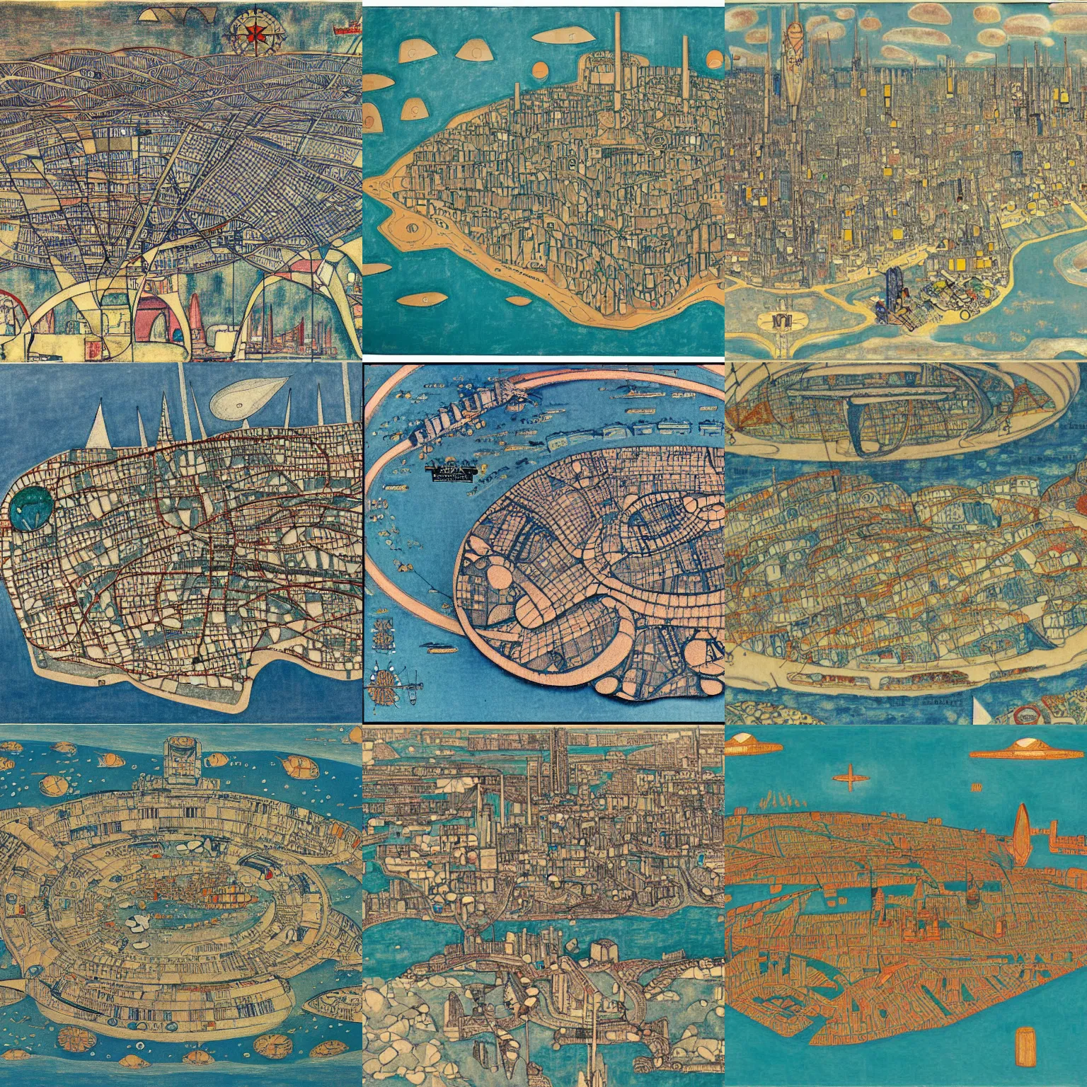 Prompt: a detailed map of a futuristic dystopian city located in an island surrounded by water with a few flying ships sailing around it, in the style of egon schiele and Vienna secession, full color