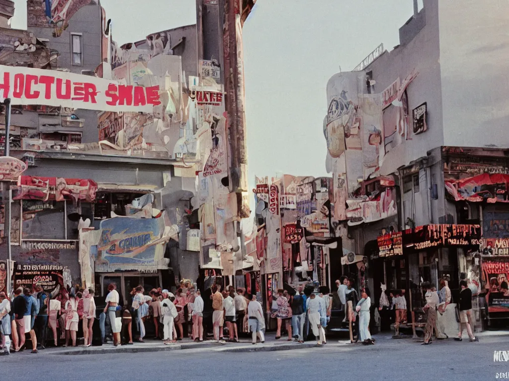 Prompt: a photograph taken with anscochrome 2 0 0, in color, street view of the small theater of the town, with a back to the future banner!!!!!!! a lot of people in a line to enter the theater, ultra detailed, almost night, 1 9 8 5,