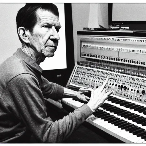 Image similar to photo of john cage playing modular synthesizer in the style of stefan kostic, realistic, half body shot, sharp focus, 4 k high definition, insanely detailed, intricate, elegant, art by stanley lau and artgerm